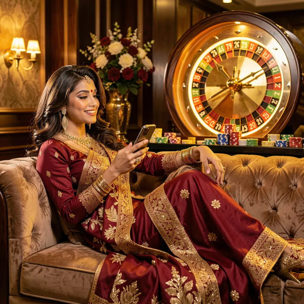 Confident Bangladeshi woman playing casino games on her phone with the DRUTO7 app while relaxing in a luxury gaming room with a glowing roulette wheel